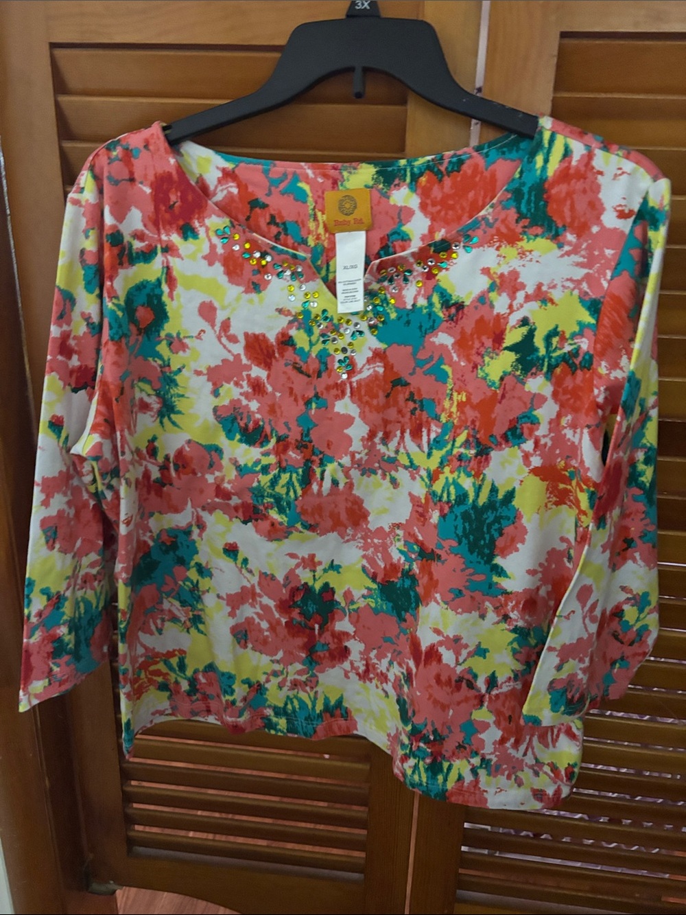 Ruby Rd. Floral Embellished V-Neck Tunic in Coral, Teal & Yellow